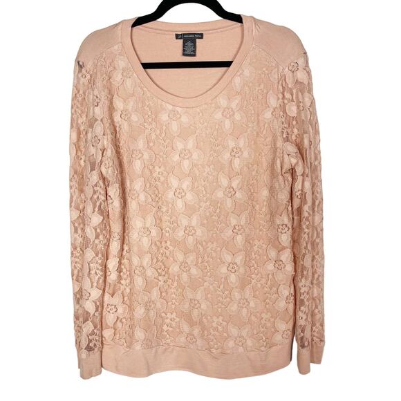 Adrianna Papell M Warm Blush Blouse Lace Overlay Long Sleeve French Terry Top - Picture 1 of 5